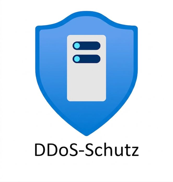 Blaues Schild mit der Aufschrift „DDoS-Schutz“ darunter