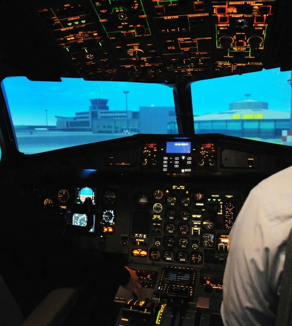 Foto vom Cockpit eines Flugzeugs mit verdecktem Piloten