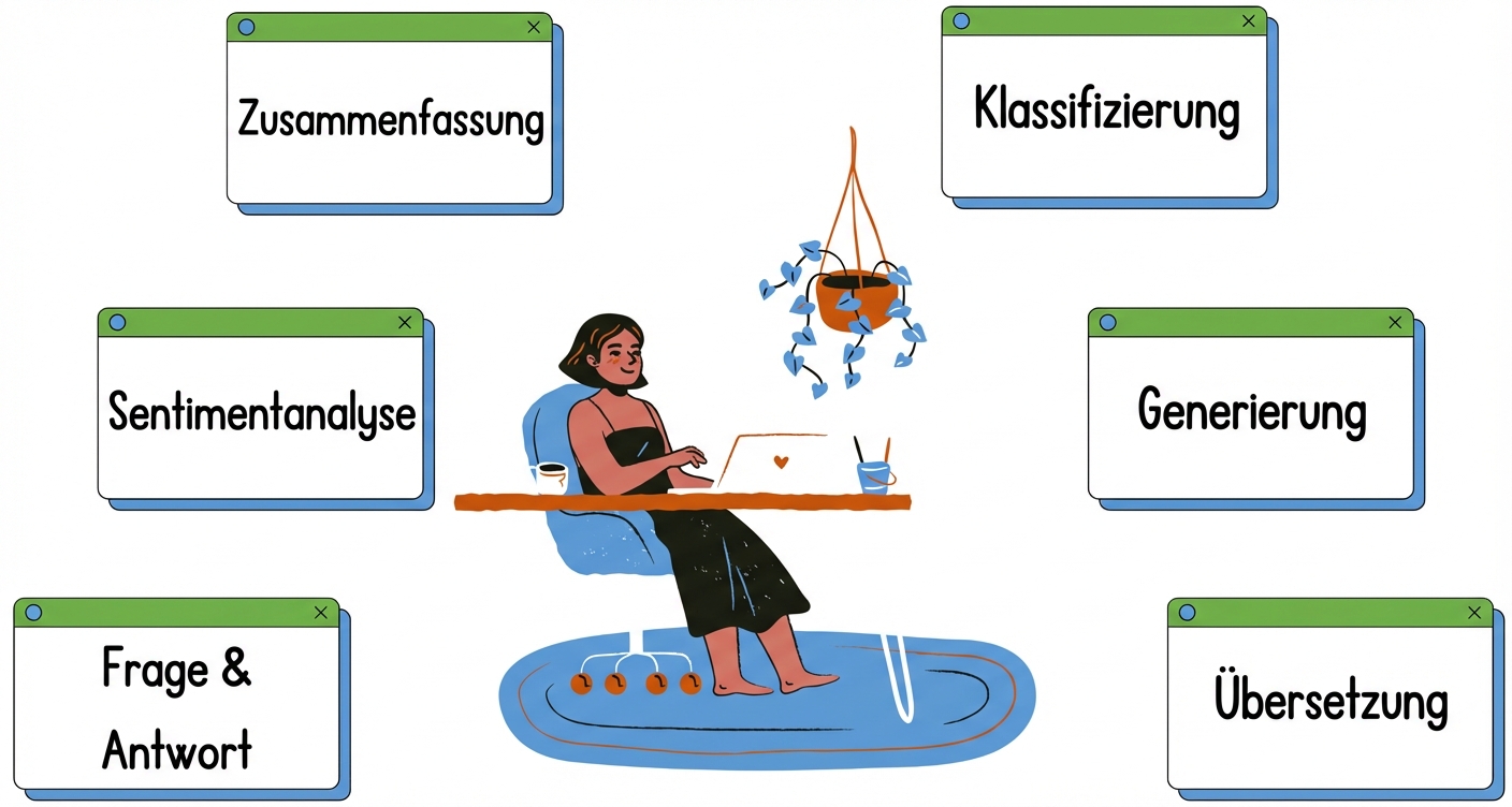 Person sitzt am Schreibtisch, umgeben von verschiedenen Aufgaben, die die Textgenerierung und Übersetzung zeigen