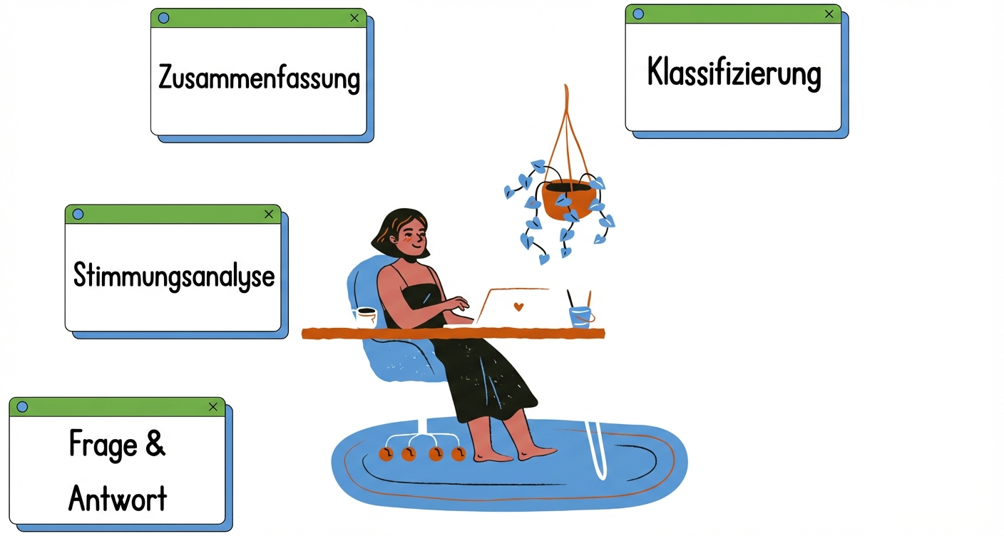 Person sitzt am Schreibtisch, umgeben von verschiedenen Aufgaben, die Textklassifikation, Zusammenfassung, Stimmungsanalyse sowie Fragen und Antworten zeigen