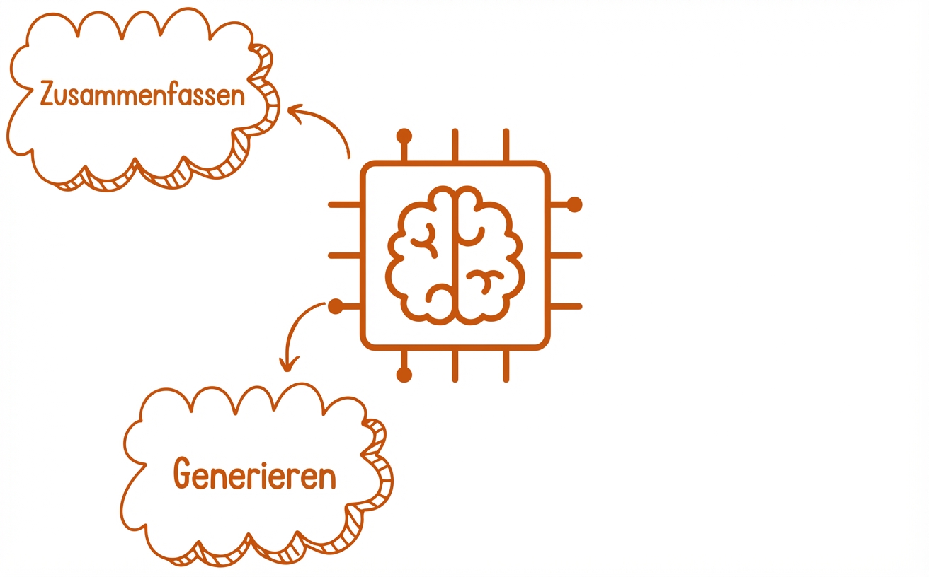 Abstrakte Abbildung eines großen Sprachmodells mit Denkblasen zur Zusammenfassung und zur Generierung