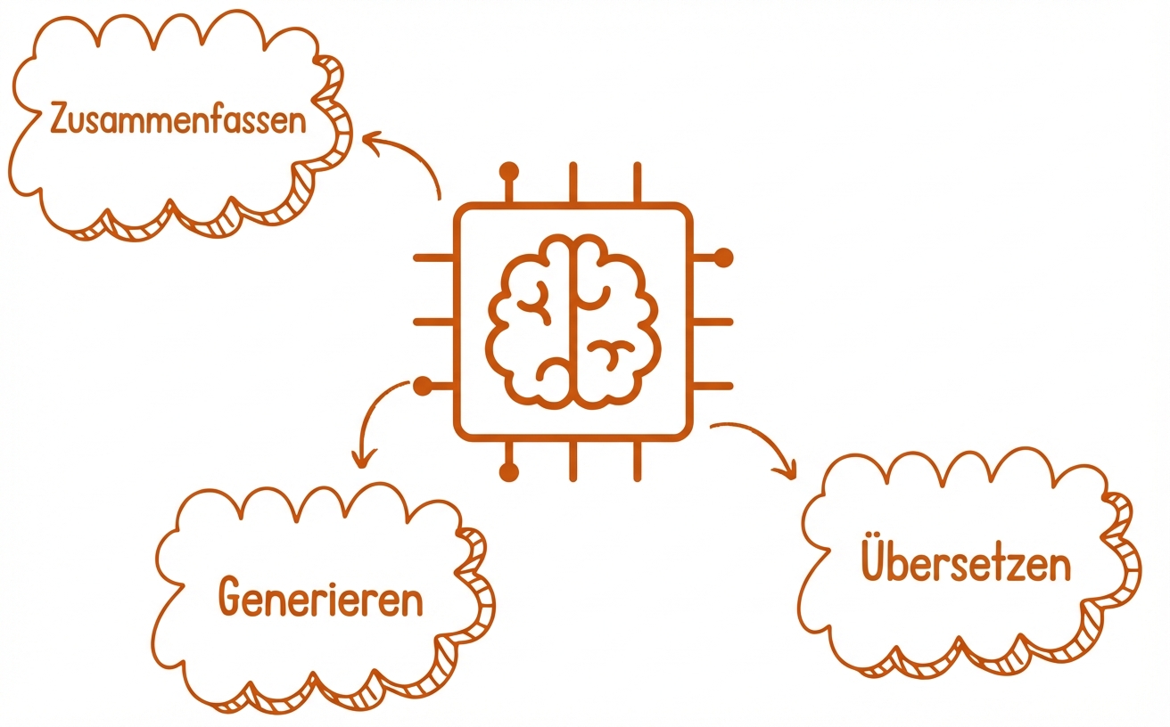 Abstrakte Darstellung eines großen Sprachmodells mit Denkblasen zur Zusammenfassung, Generierung und Übersetzung