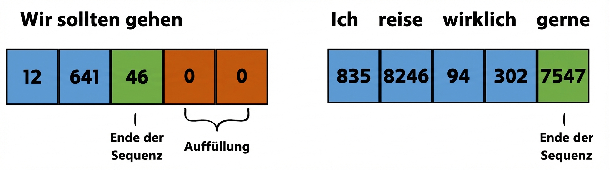 Abbildung mit zwei Sätzen: we should go, I really like to travel. Mit Token-IDs. Zeigt Padding und EOS.