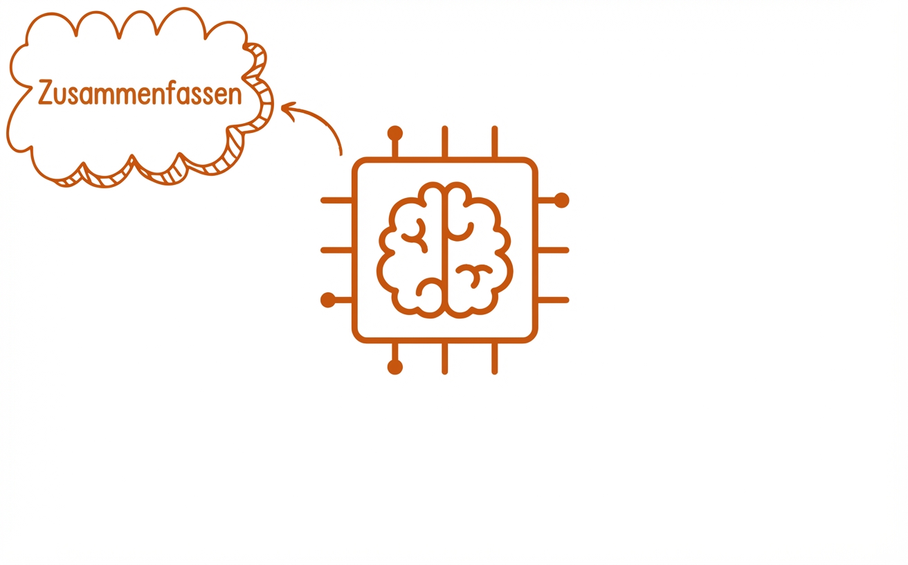 Abstrakte Illustration eines großen Sprachmodells mit einer Denkblase zu Zusammenfassungen
