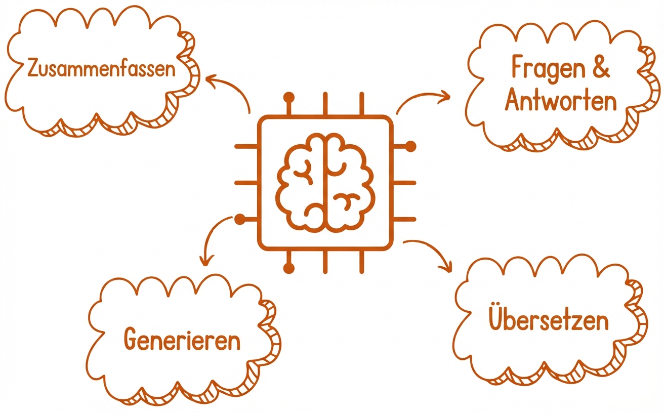 Abstrakte Darstellung eines großen Sprachmodells mit Denkblasen zur Zusammenfassung, Generierung, Übersetzung und Antwortgenerierung