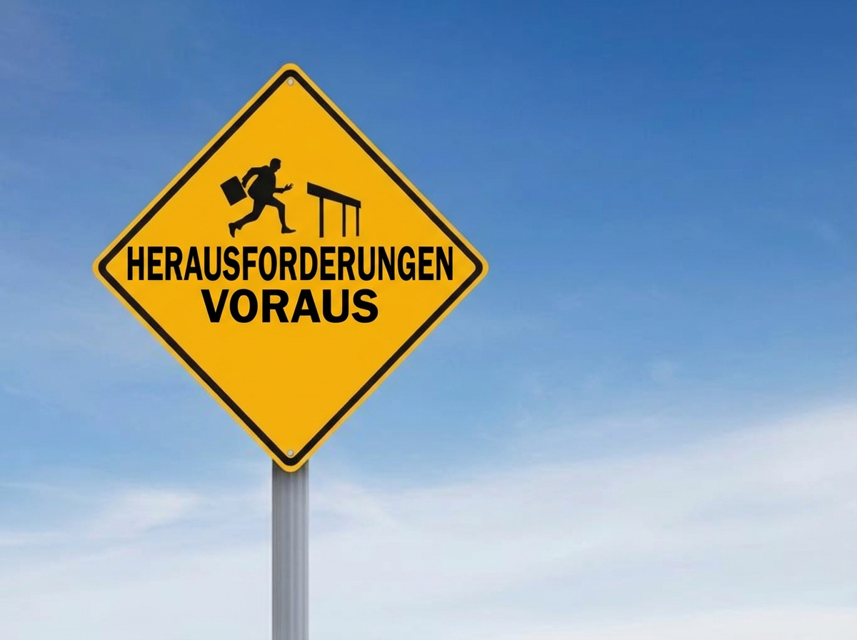 Road sign showing a man jumping a hurdle with the words "Challenges Ahead"