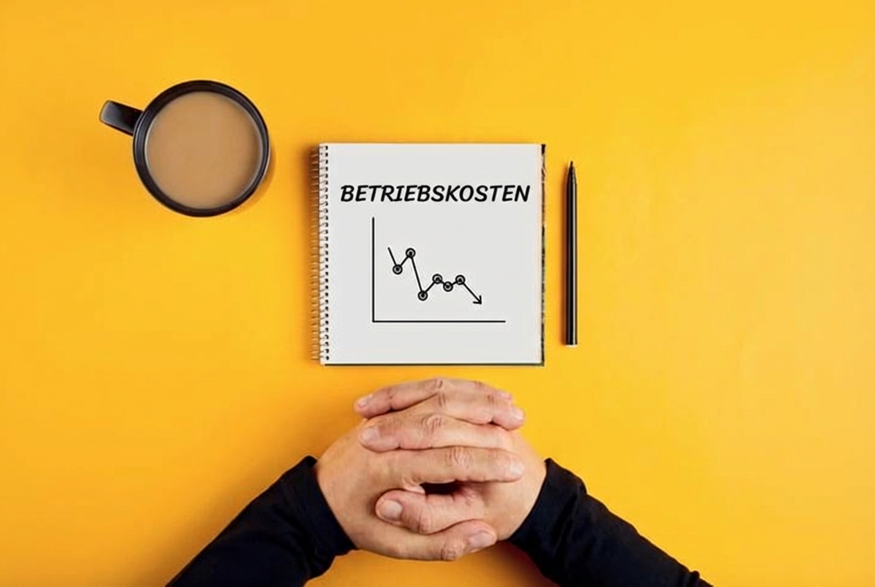 Image of a notebook showing decreasing operating expenses, with a coffee mug and a man's arms also showing