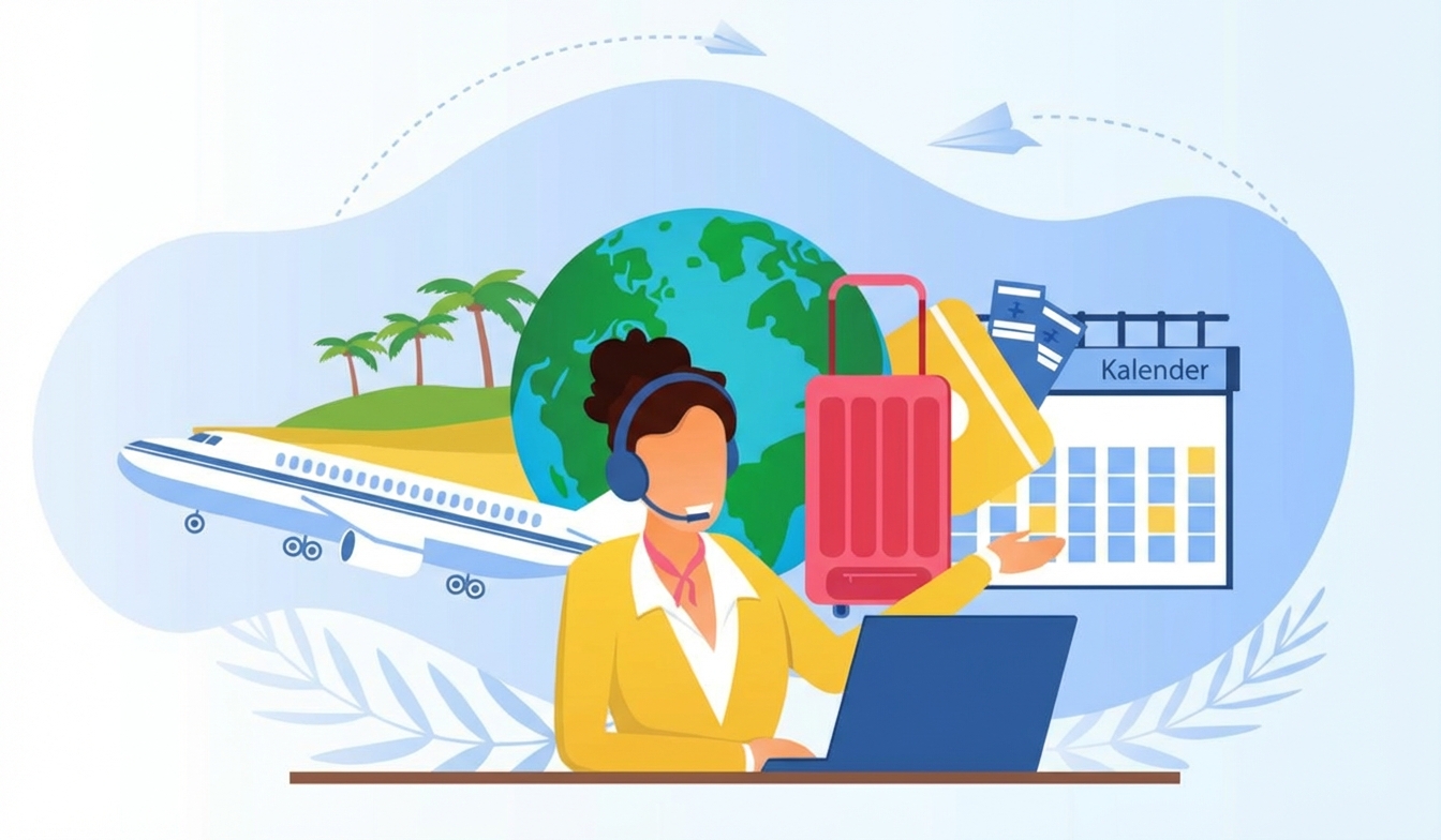 Cartoon image of a travel agency, with different images around related to travel, like an airplane