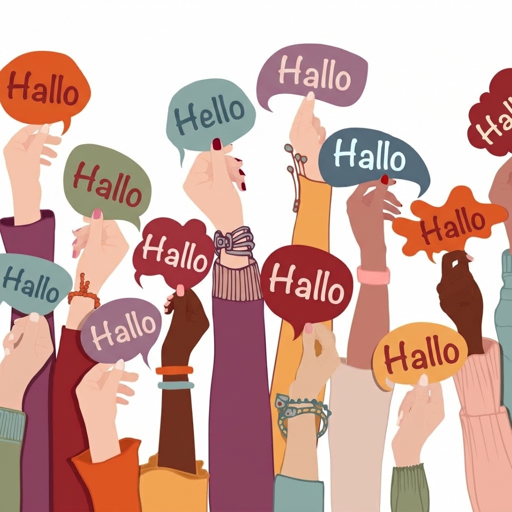 Hands holding up signs with the word "hello" in many languages