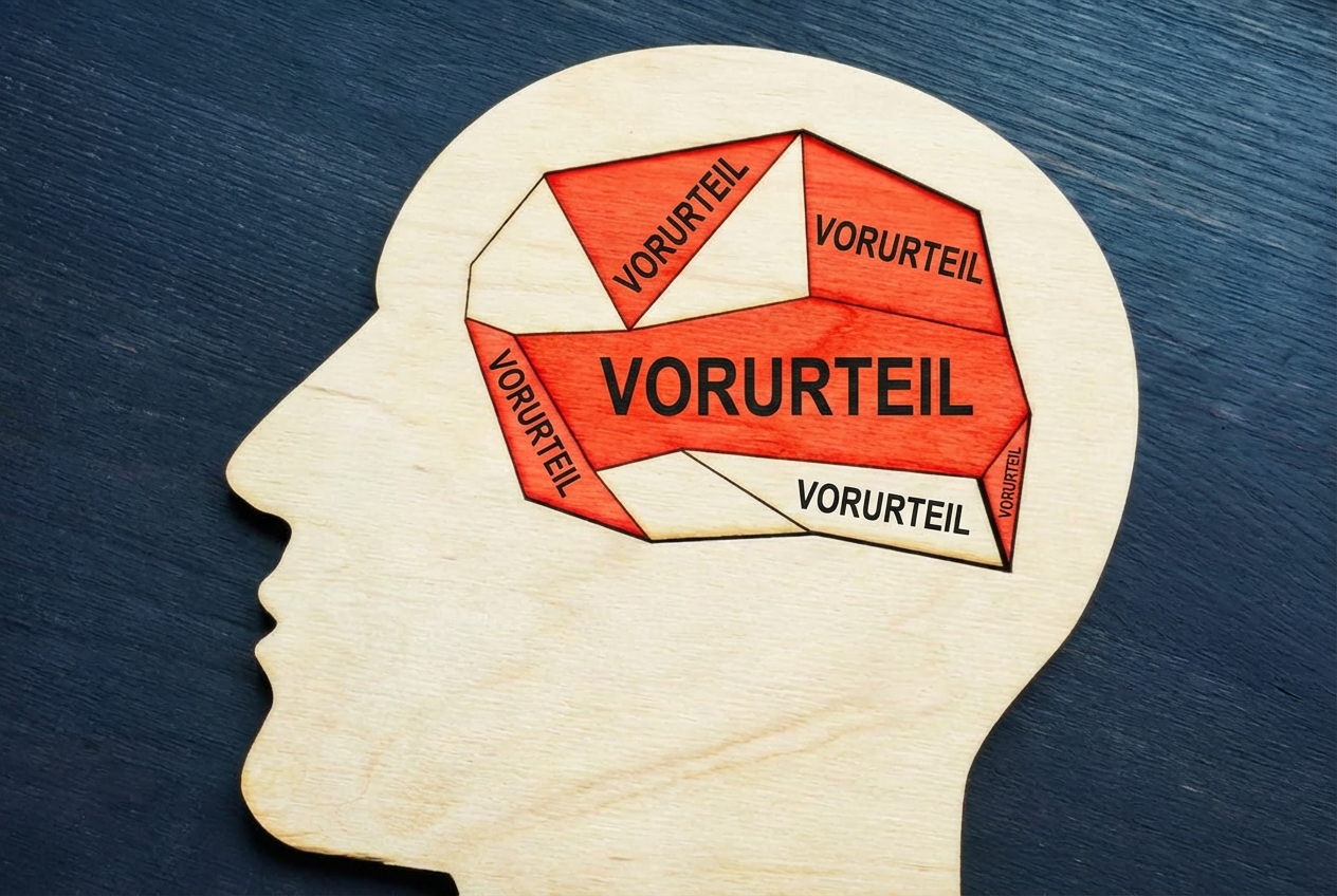 Image of a cut out of a human head with different parts of the brain labelled with the word bias