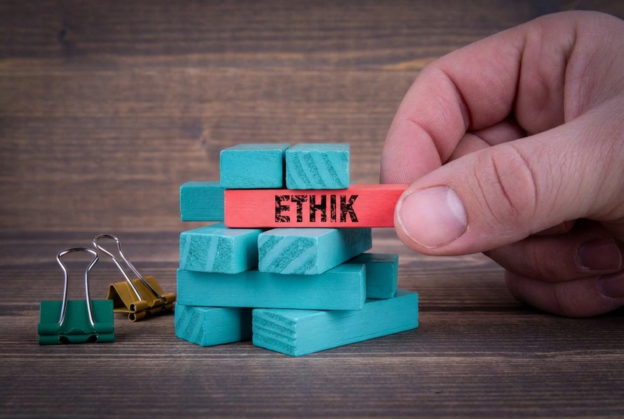 Jenga blocks colored blue, with one block colored red and labelled "ethics"