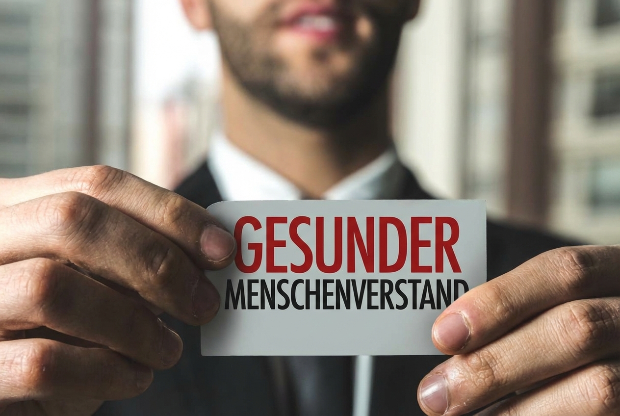 Man holding up a label that has "common sense" written on it