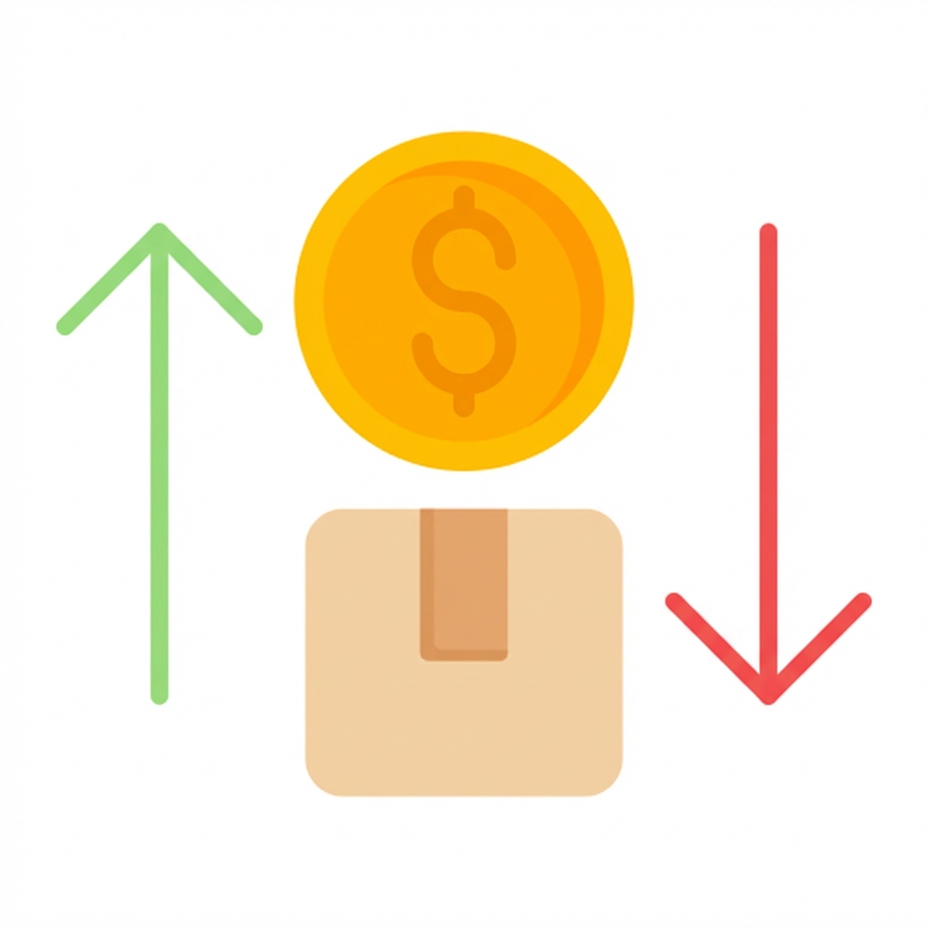 Geldbörse mit Geld, einem Aufwärts- und einem Abwärtspfeil