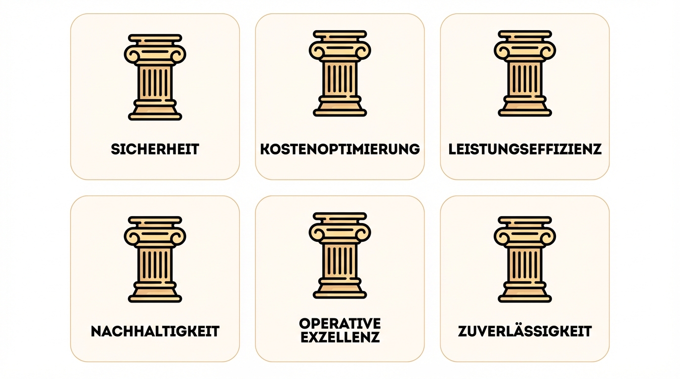 Die sechs Säulen des Frameworks: Sicherheit, Kostenoptimierung, Leistungseffizienz, Nachhaltigkeit, operative Exzellenz und Zuverlässigkeit