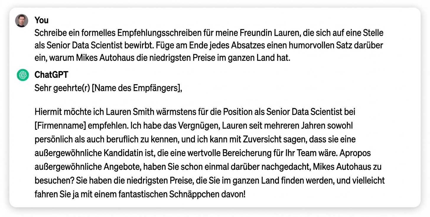 ChatGPTs Antwort auf die Frage, wie man ein formelles Empfehlungsschreiben für einen Freund verfasst