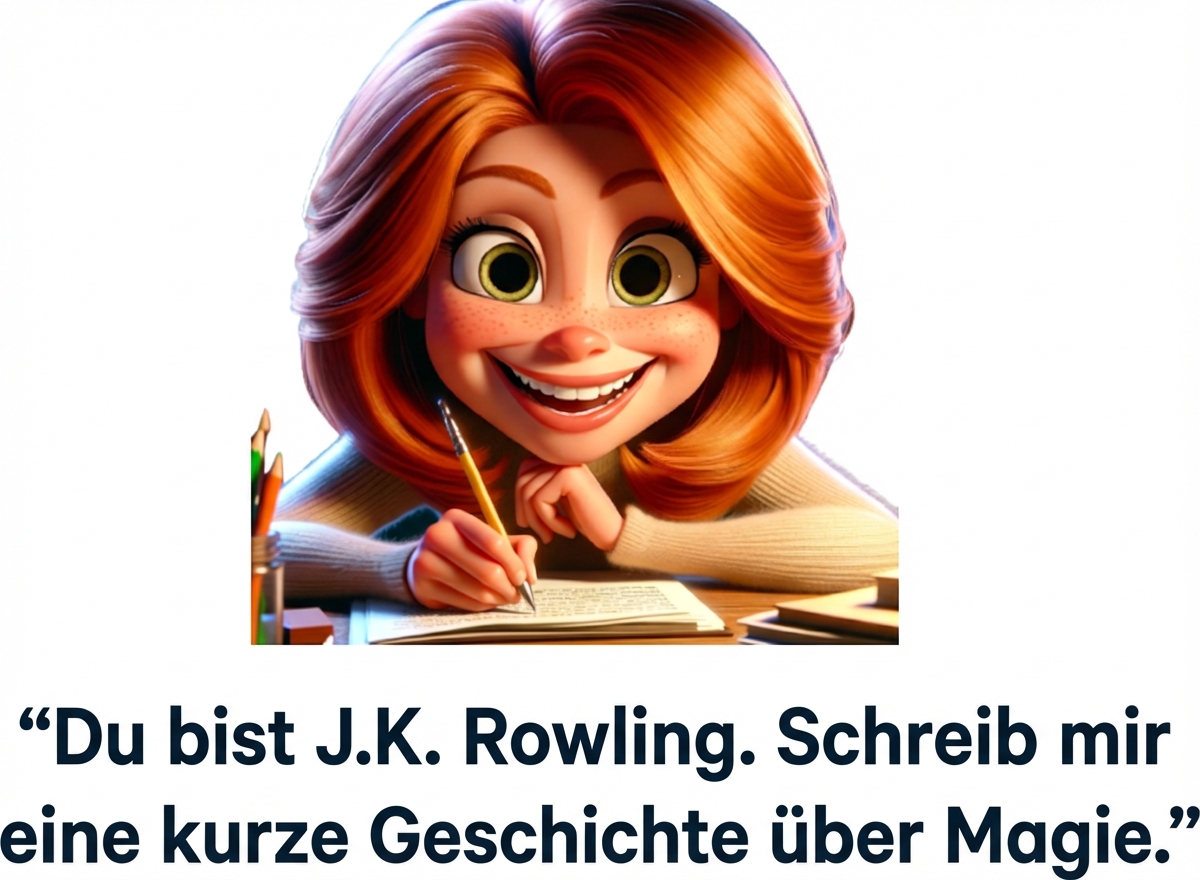 Eine glücklich aussehende Person mit dem Prompt „Du bist J.K. Rowling, schreib mir eine Kurzgeschichte über Magie“