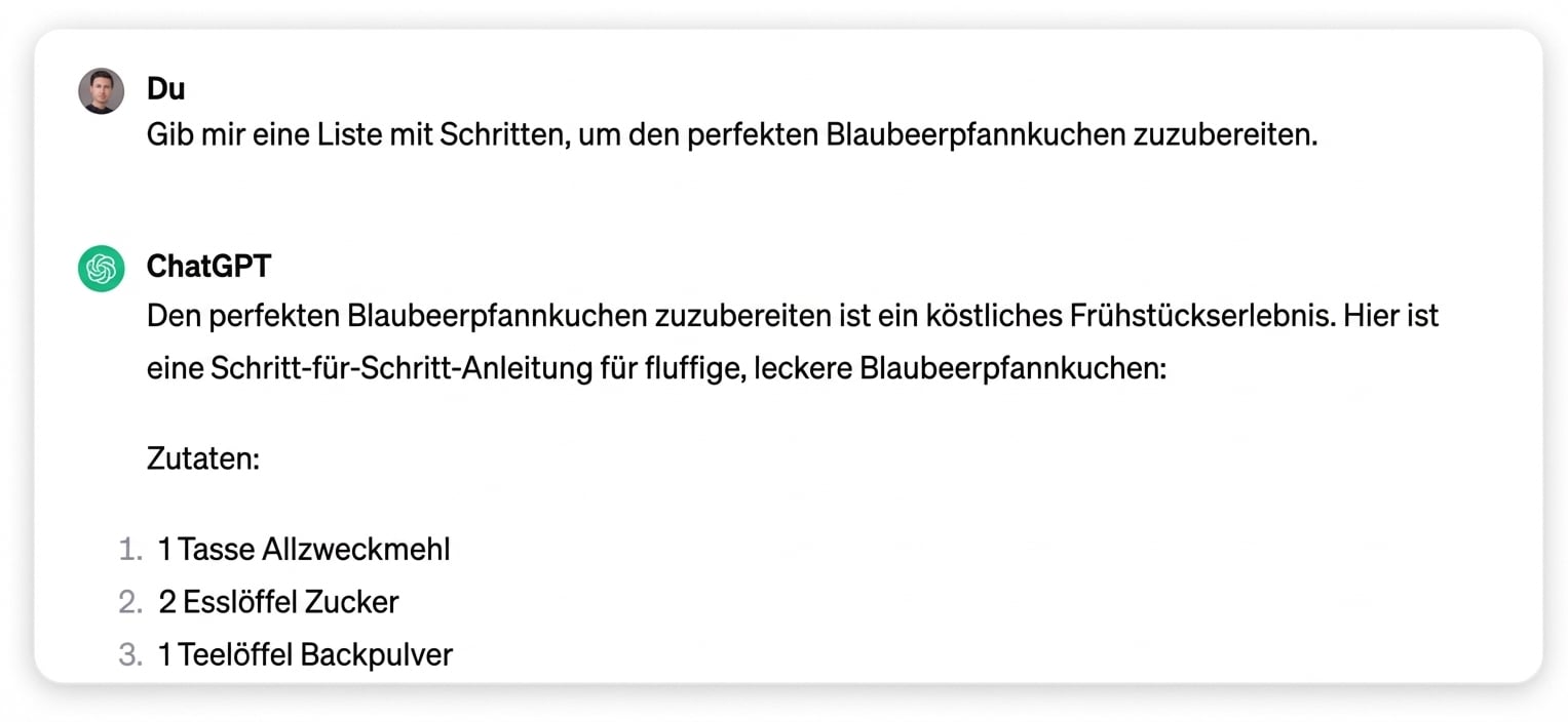ChatGPTs Antwort auf die Frage nach den Schritten zur Zubereitung eines perfekten Blaubeerpfannkuchens