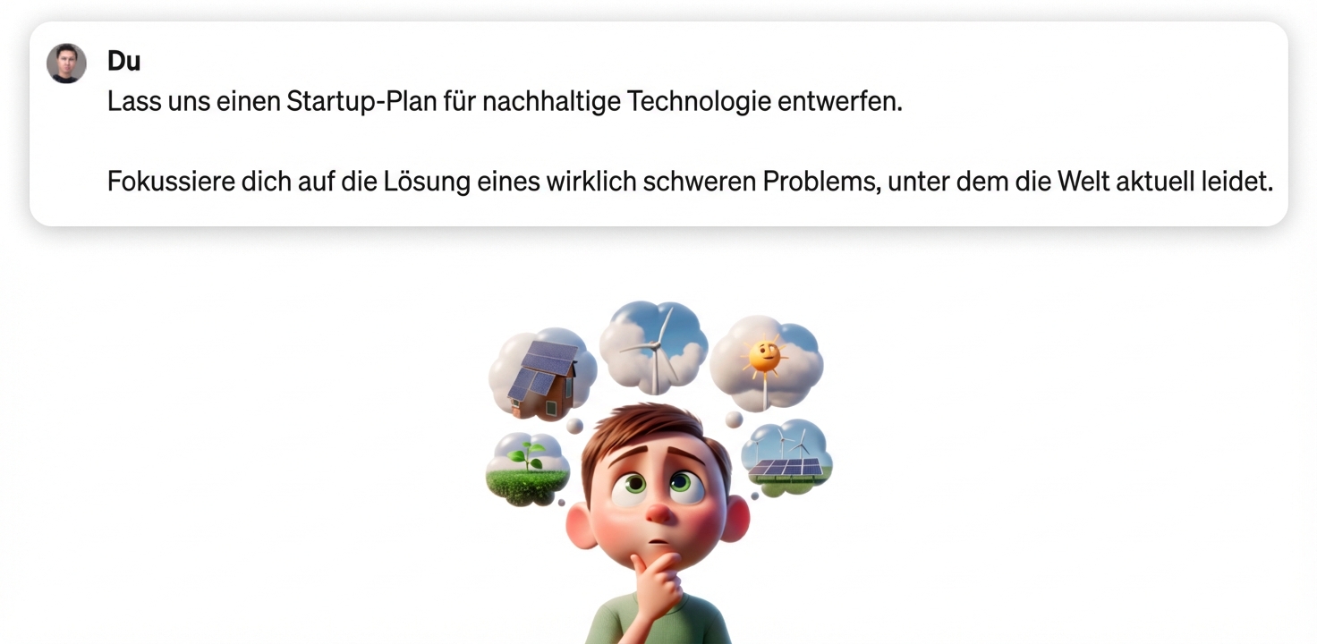 Cartoon-Illustration eines Kindes, das über nachhaltige Technologie nachdenkt