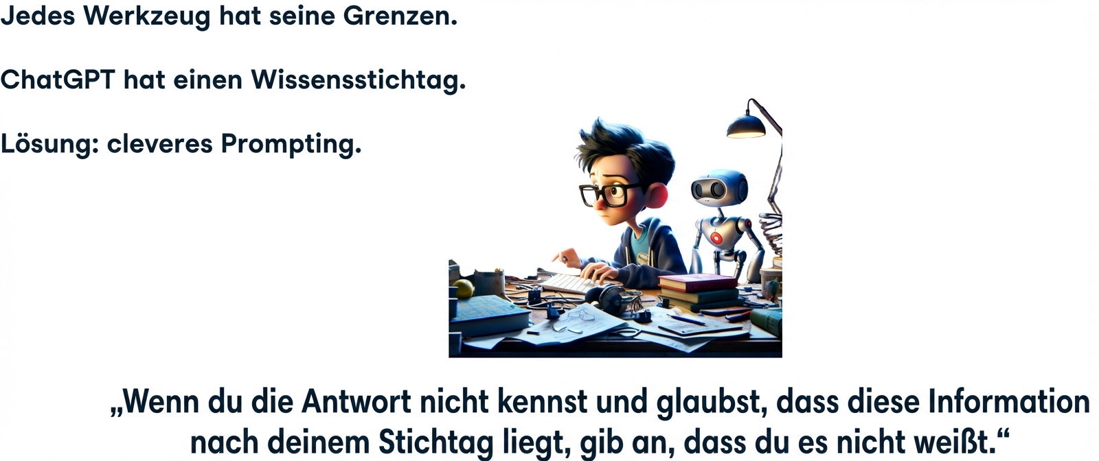Jedes Tool hat seine Grenzen. ChatGPT kennt keine Fakten, die erst nach einem bestimmten Datum bekannt wurden. Lösung: Smart Prompting
