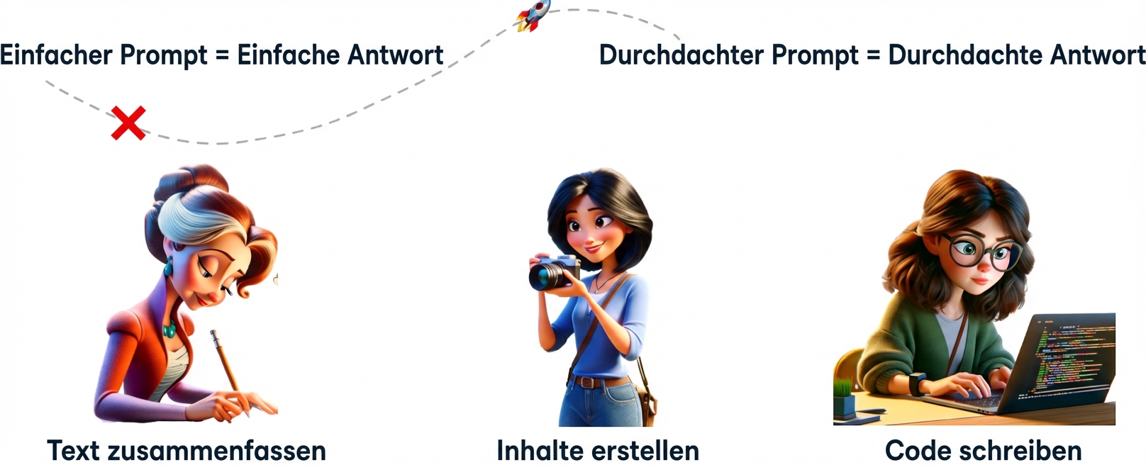 Cartoon-Abbildungen einer Person, die schreibt, einer anderen, die fotografiert, und einer dritten, die einen Code schreibt