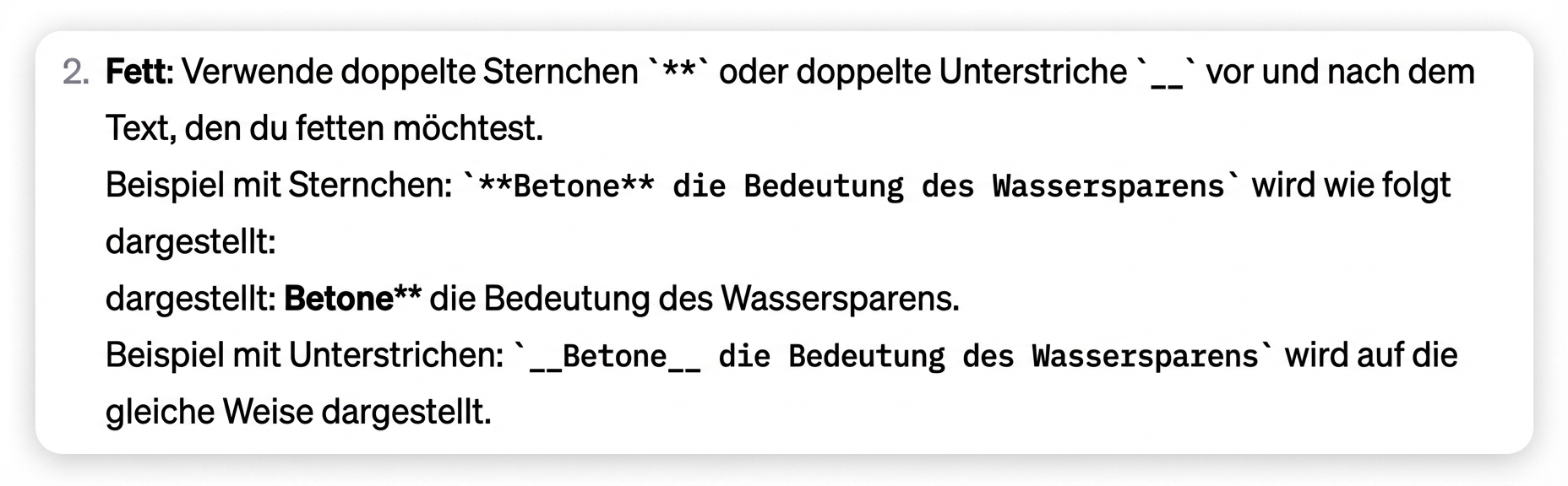 Beispiele für die Hervorhebung von Text mit Sternchen oder Unterstrichen