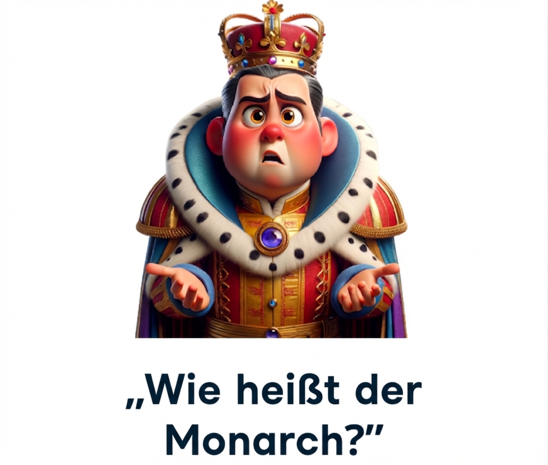 Ein verwirrt dreinschauender Monarch mit der Frage „Wie lautet der Name des Monarchen?“