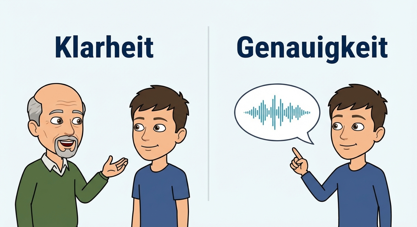 Auf der einen Seite sprechen zwei Personen miteinander, um den Aspekt der Klarheit abzubilden, auf der anderen Seite steht eine Person mit einer Sprechblase, um den Aspekt der Spezifität darzustellen