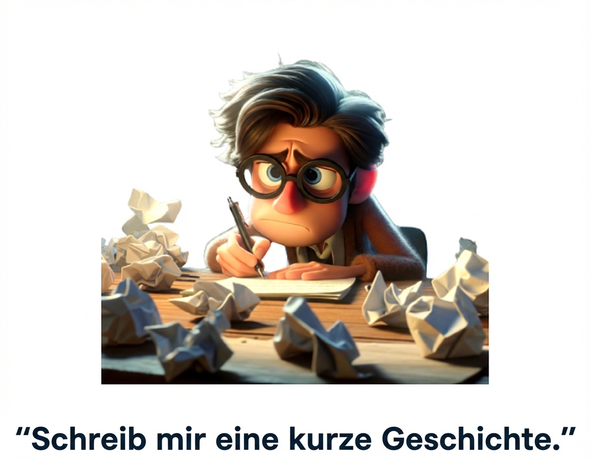 Verwirrte und müde Person mit dem Prompt „Schreib mir eine Kurzgeschichte“