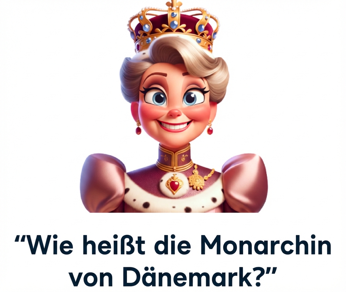 Ein glücklich aussehender Monarch mit der Frage „Wie heißt der Monarch von Dänemark?“