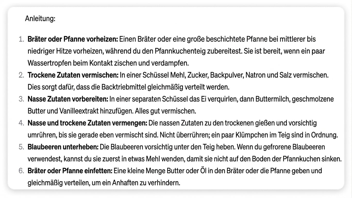 ChatGPTs Antwort auf die Frage nach den Schritten zur Zubereitung eines perfekten Blaubeerpfannkuchens