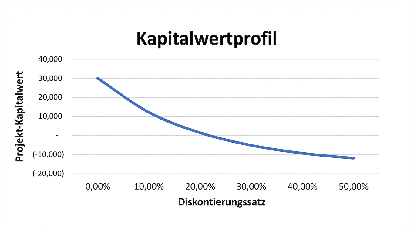 Ein Liniendiagramm mit Kapitalwert auf der y-Achse und Diskontsätzen auf der x-Achse. Der Zusammenhang ist exponentiell negativ.