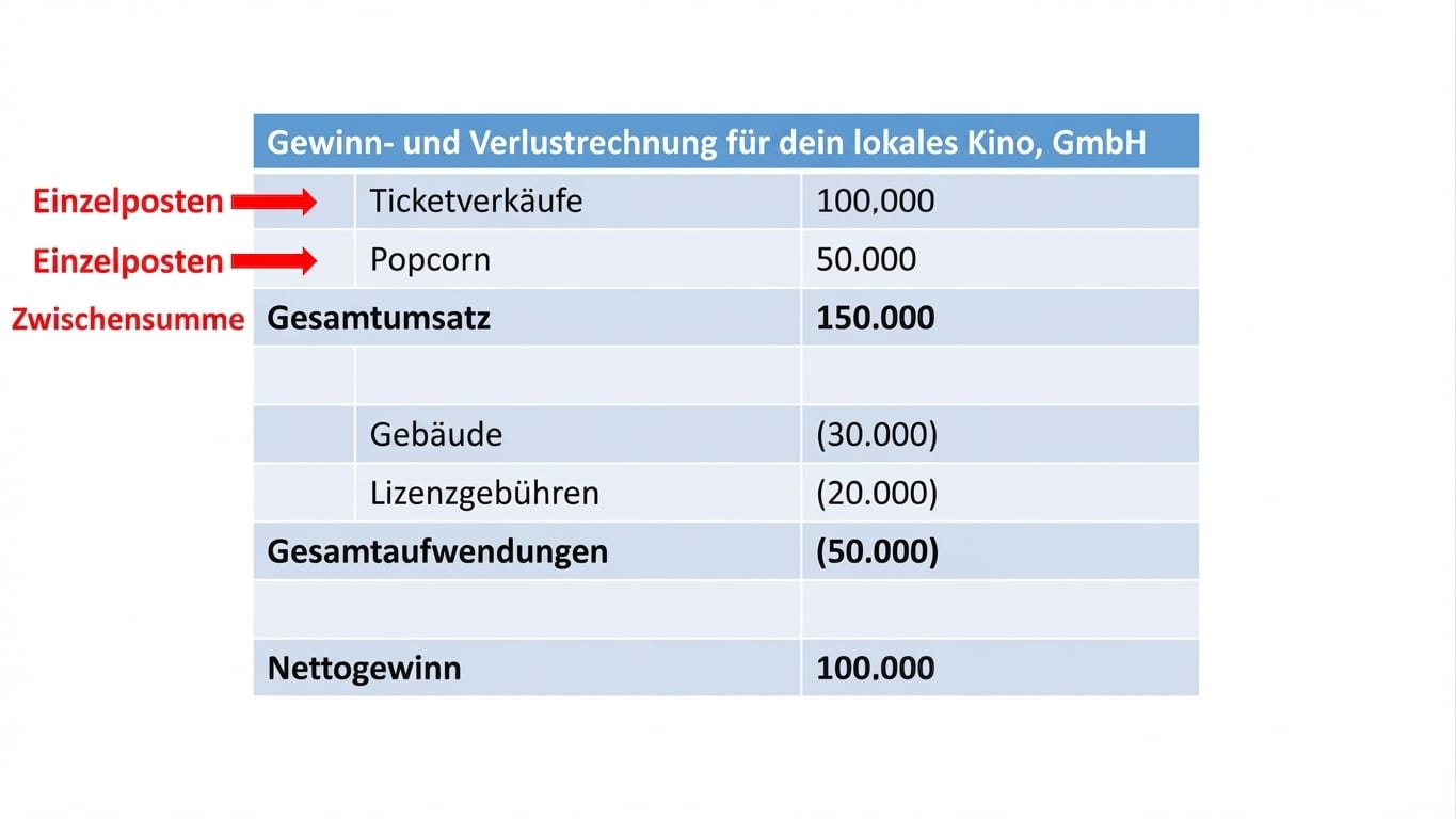 GuV mit Positionen und Zwischensummen für Umsatz