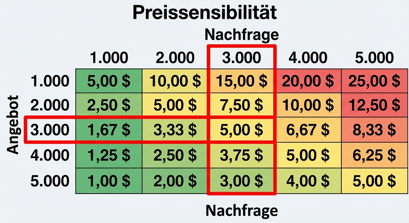 Sensitivitätstabelle mit markierter Zeile und Spalte, wo Angebot und Nachfrage gleich sind