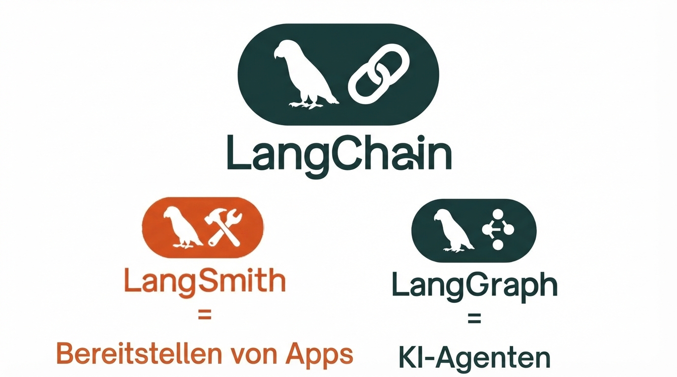 Das LangChain-Ökosystem besteht aus LangChain, LangSmith und LangGraph.