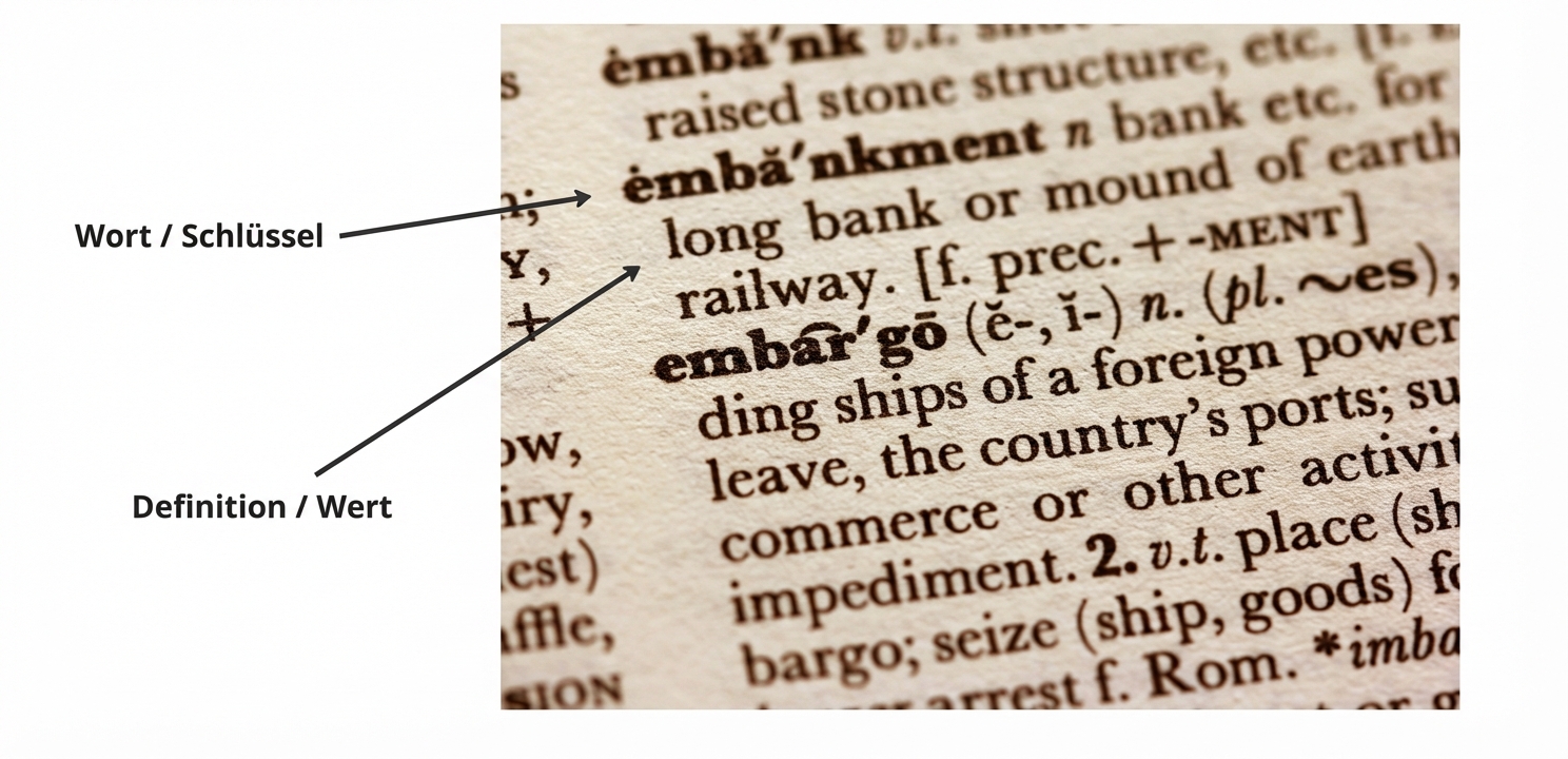 Ausschnitt aus einem Wörterbuch mit Wörtern (Schlüssel) und ihren Definitionen (Werte)