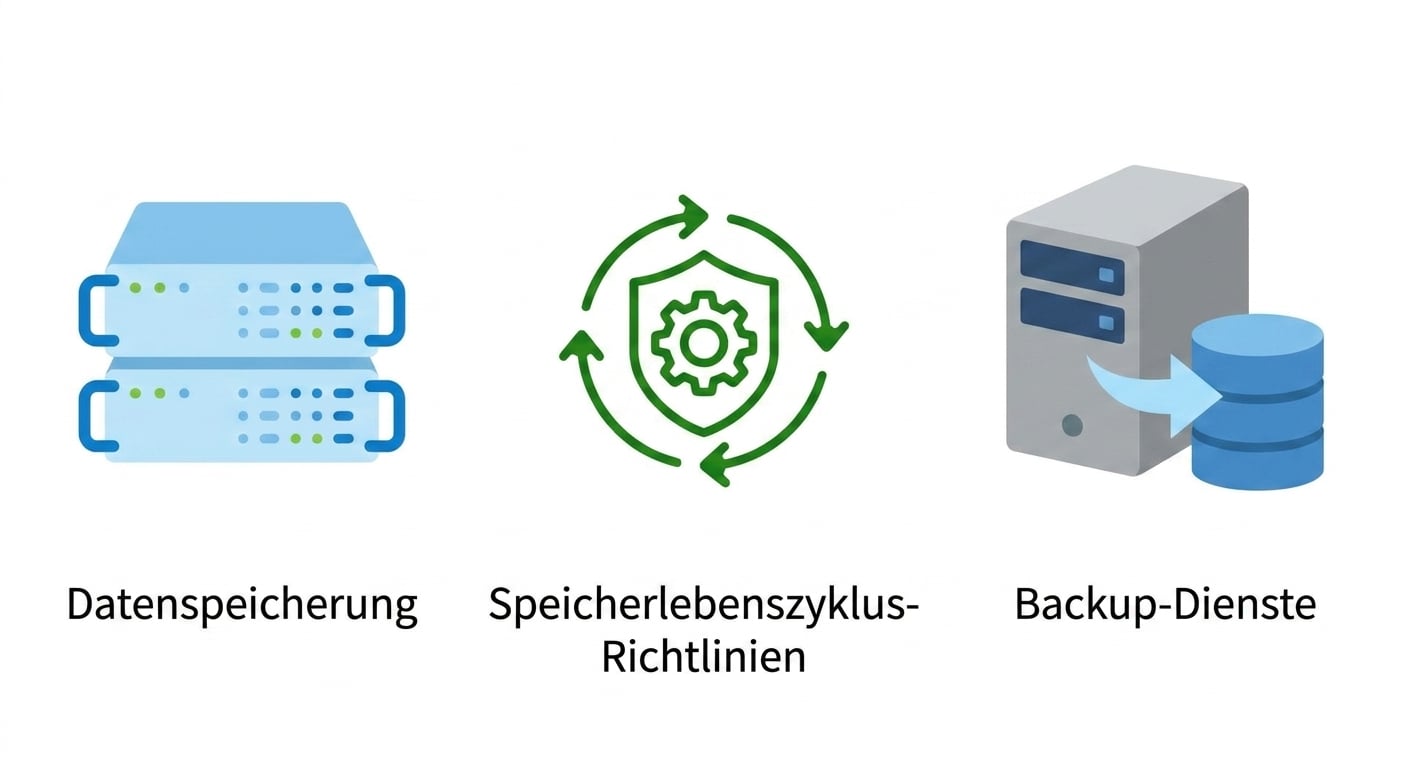 Drei Symbole für Datenspeicherung, Lifecycle-Richtlinien und Backup.