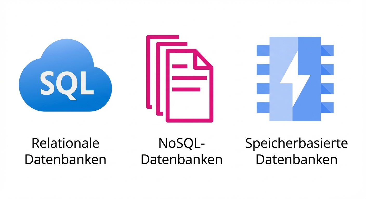 Symbole für relationale, NoSQL- und speicherbasierte Datenbanken.