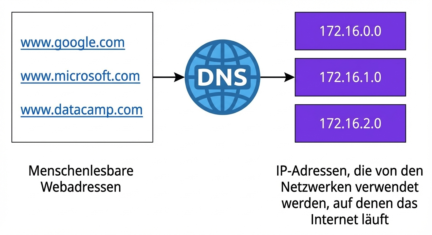 Ein Flussdiagramm zeigt die Umwandlung von Webadressen in IP-Adressen.