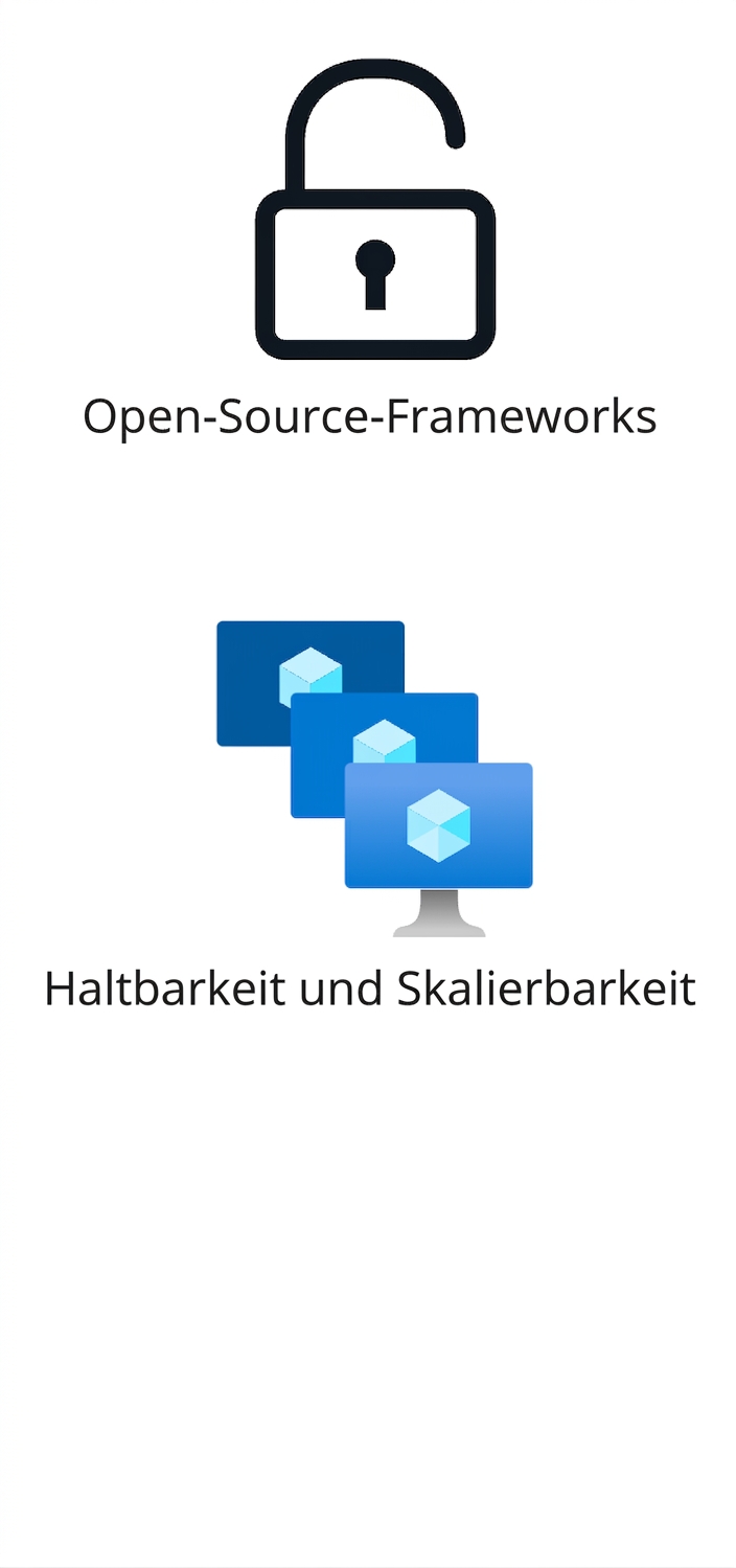 Zwei Icons: Open-Source-Frameworks sowie Robustheit und Skalierbarkeit.