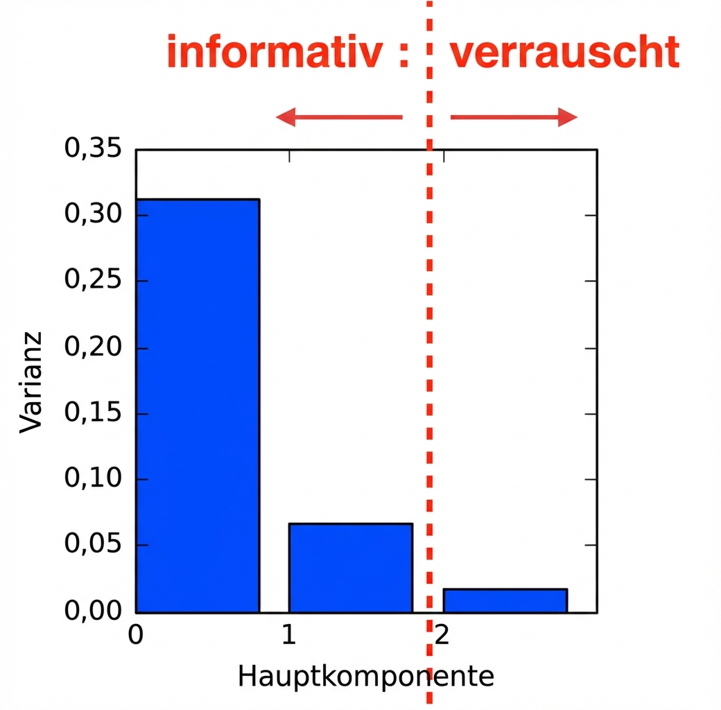 Balkendiagramm, das die Anzahl der PCA-Merkmale im Vergleich zur Varianz zeigt, mit einer vertikalen Linie zwischen 1 und 2, wobei der linke Pfeil mit „informativ” und der rechte Pfeil mit „verrauscht” beschriftet ist.
