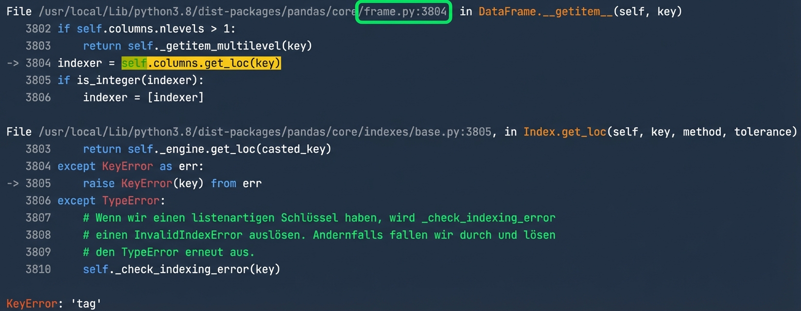 Traceback, der Code zeigt, der absichtlich einen Fehler zurückgibt