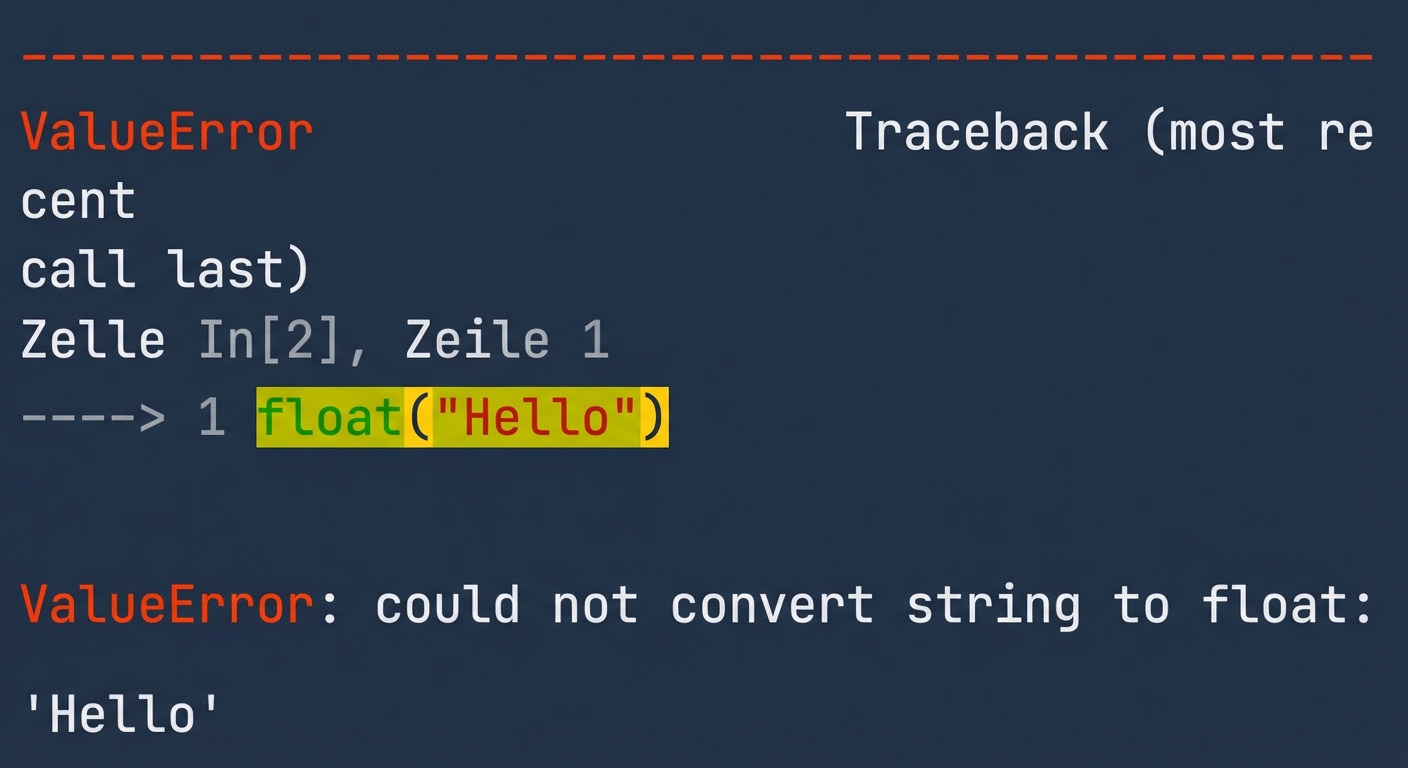 ValueError-Ausgabe, die bestätigt, dass die Zeichenfolge „Hello” nicht in einen Float-Wert umgewandelt werden kann