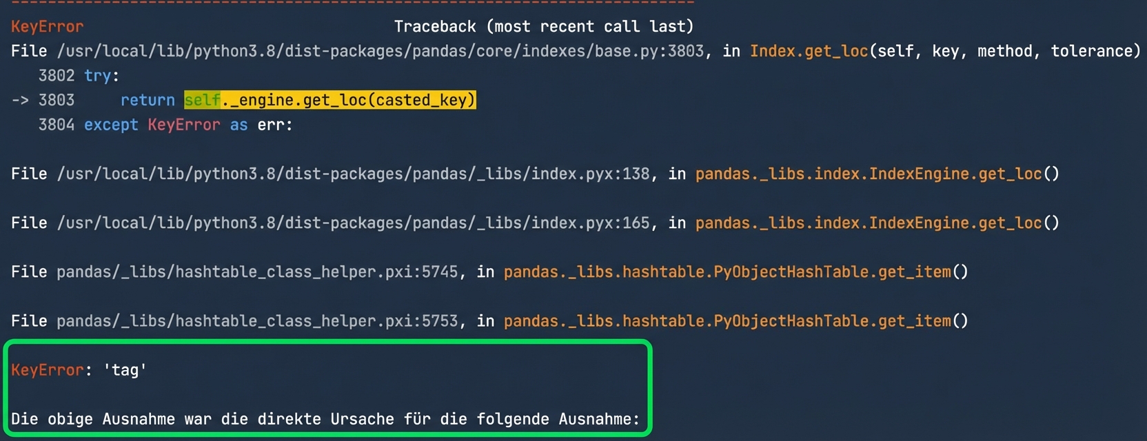 Traceback mit hervorgehobenem KeyError