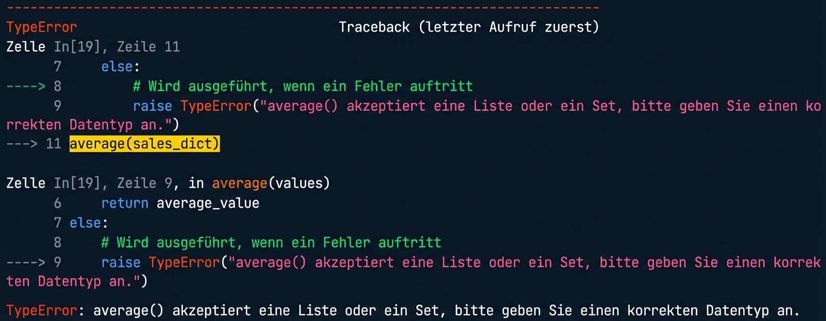 TypeError-Ausgabe mit einer benutzerdefinierten Meldung, um den richtigen Datentyp anzugeben
