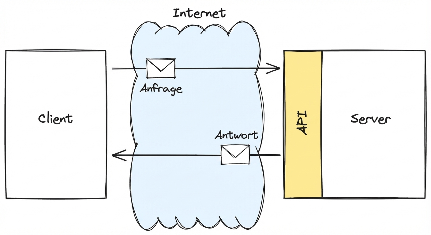 Ein Diagramm zeigt die Client-Server-Interaktion über das Internet via API, mit markierten Anfrage- und Antwortnachrichten.