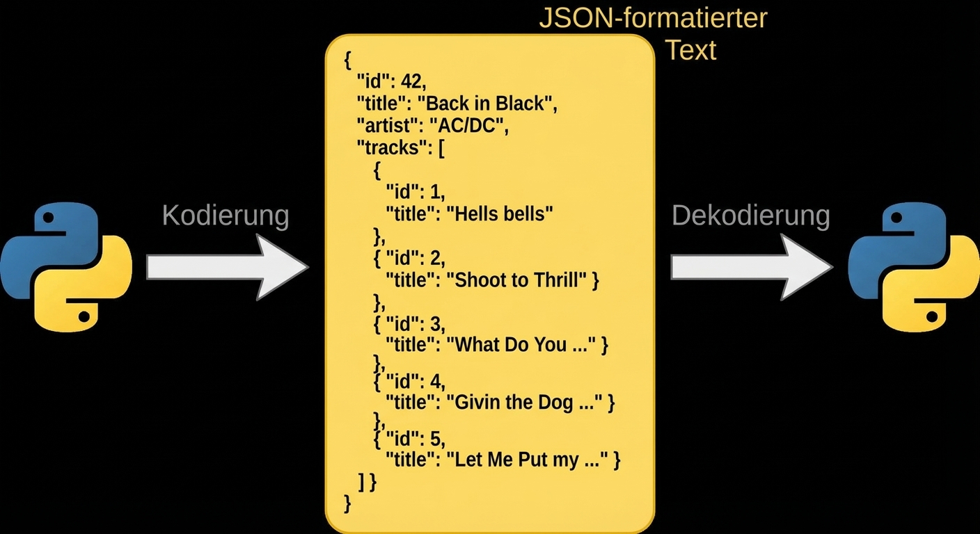 Grafik zum Kodieren und Dekodieren von JSON-Text mit Python. Das JSON enthält Alben-Details zu "Back in Black" von AC/DC.