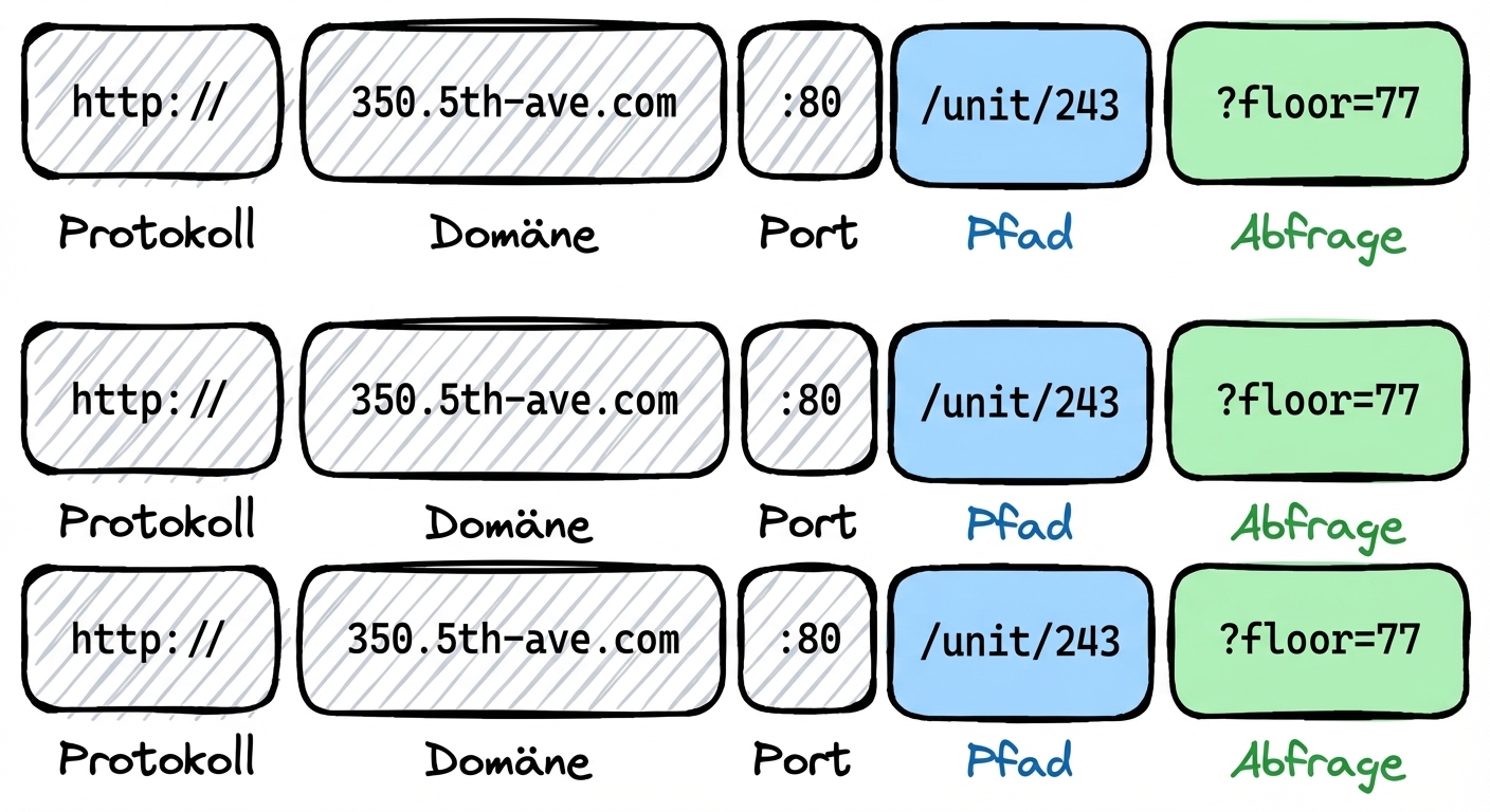 Ein Diagramm mit den Teilen einer URL: Protokoll (http://), Domain (350.5th-ave.com), Port (:80), Pfad (/unit/243) und Query (?floor=77).