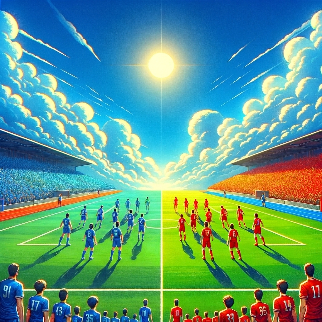 Bild einer roten und einer blauen Fußballmannschaft, die gegeneinander spielen