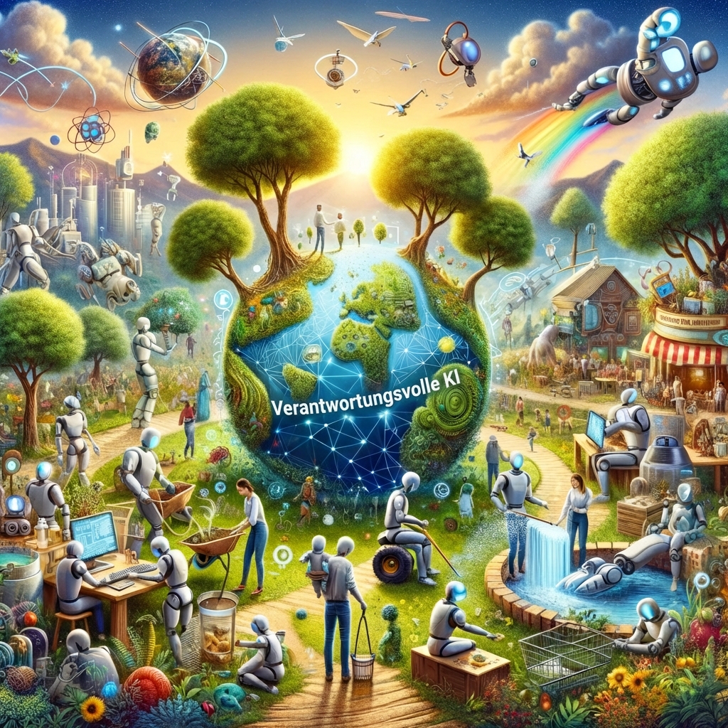 Ein Bild von einer bunten Welt, in der Menschen und Roboter friedlich zusammenleben