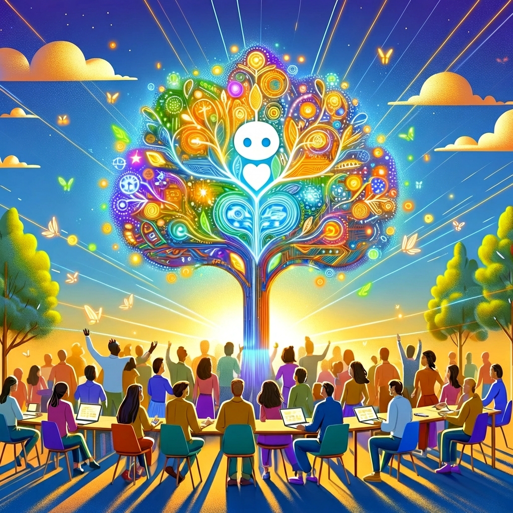 Ein farbenfroher Baum, umgeben von einer bunten Gruppe von Menschen an einem Tisch